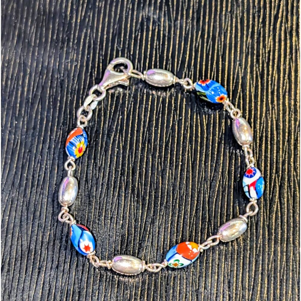 925 Italy Sterling Silver Millifiore Glass Sterling Bead Bracelet